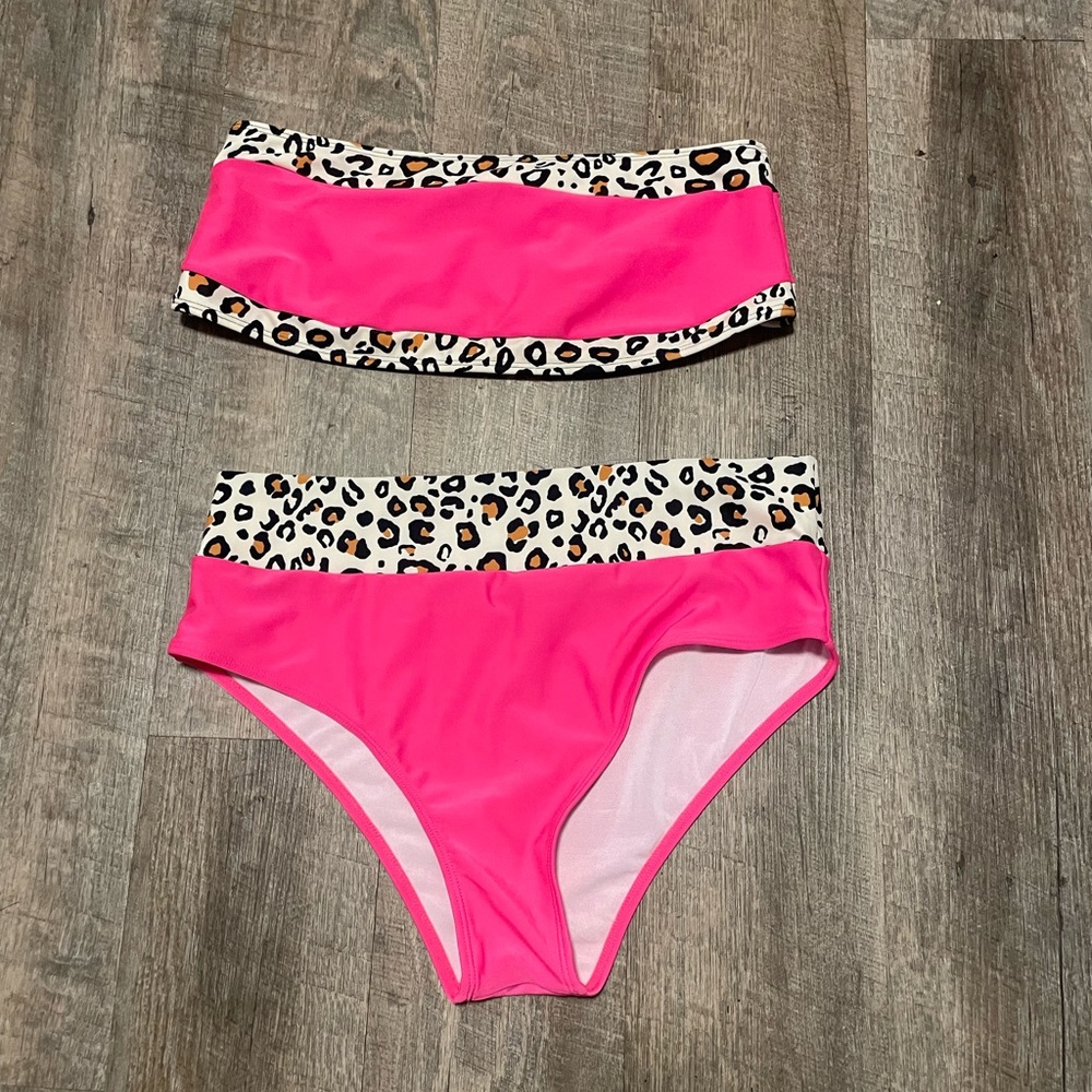 Hot Pink Leopard Trim Bandeau Bikini Set